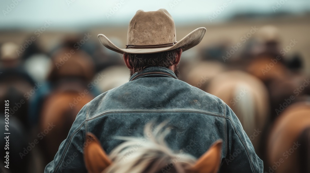 Fototapeta premium A cowboy wearing a hat seen from the rear, on horseback guiding a herd of cattle, evokes a sense of traditional ranching life with emphasis on the Western rural countryside.