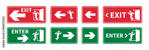 Entrance exit door icon set. Door open and closed  with man and arrow for emergency exit. Office safety symbol. Vector illustration.
