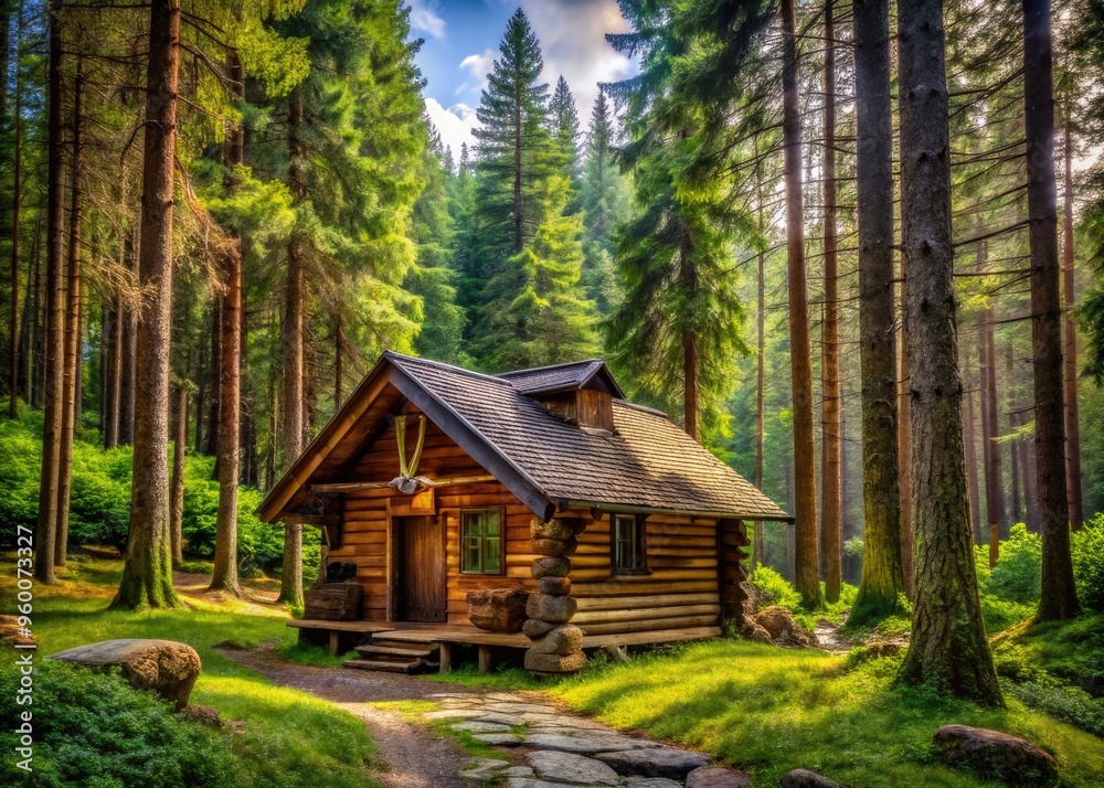 Rustic Log Cabin Nestled Amidst Towering Trees And A Lush Undergrowth, Surrounded By The Serene Tranquility Of A Dense Forest. Rustic Log Cabin Nestled Amidst Towering Trees And A Lush Undergrowth, Surrounded By The Serene Tranquility Of A Dense Forest.