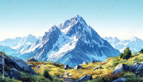 Mountain hiking, clear sky, majestic peaks, watercolor style