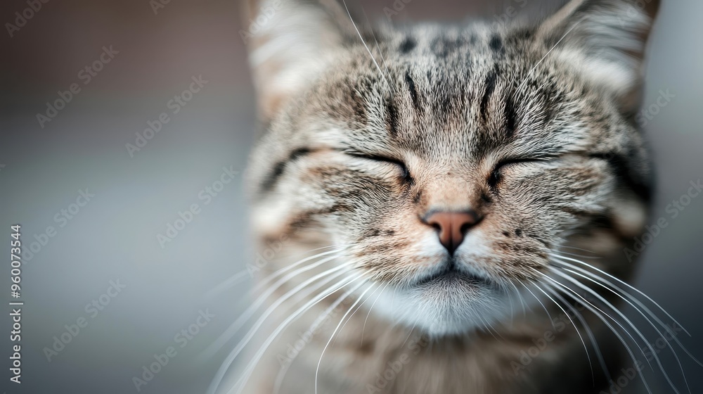 A tranquil close-up image of a tabby cat with its eyes closed, exuding a calm and content demeanor, perfectly capturing the serene moment.