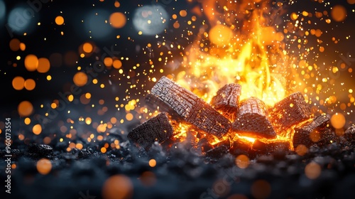 Powerful image of a medieval forge with a burst of sparks shooting into the air, set against a dark, contrasting background that emphasizes the vivid glow of the embers and the dramatic atmosphere photo