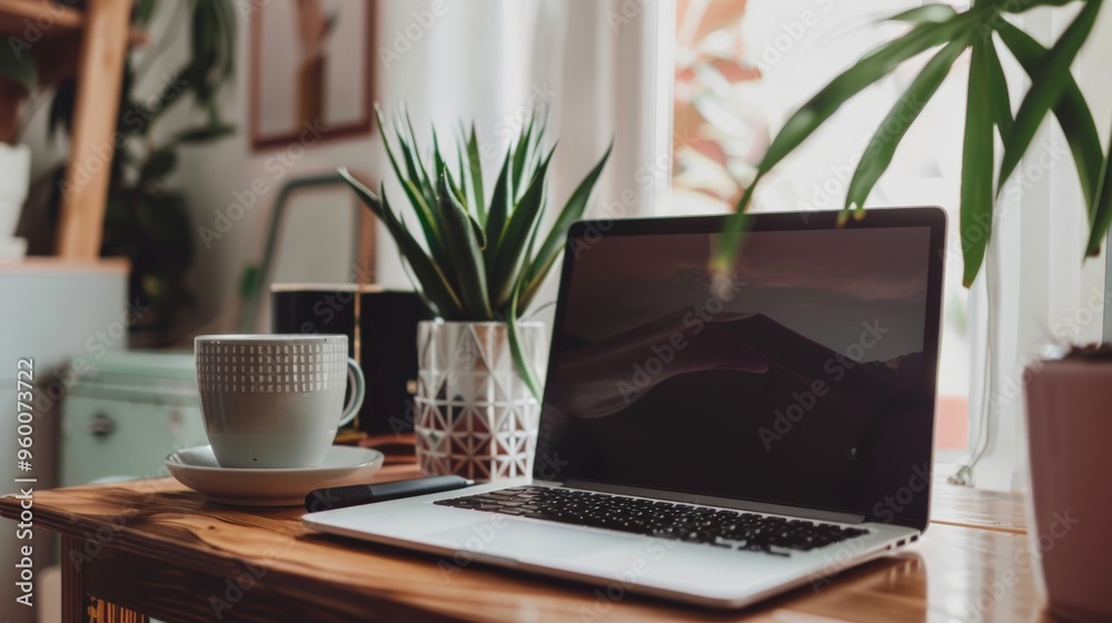 Laptop on a minimalist desk with motivational quotes and a plant Laptop on a minimalist desk with motivational quotes and a plant