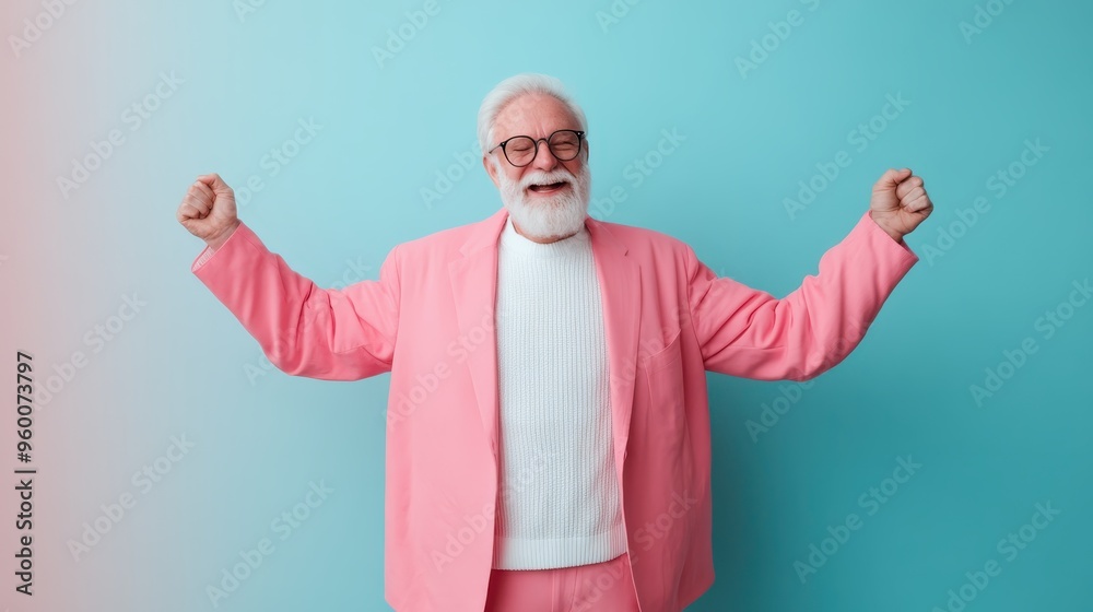 An elderly man radiates happiness as he raises his arms in celebration, dressed in a striking pink suit with a white sweater, set against a blue and pink gradient background.