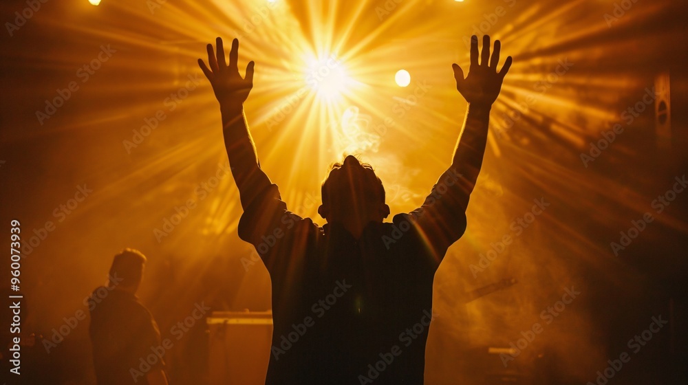 Silhouette of a man with raised hands on the background of the concert. Silhouette of a man with raised hands on the background of the concert.