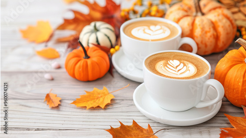 Coffee cups with latte art surrounded by autumn leaves and pumpkins in a cozy fall setting