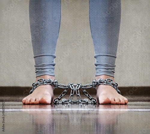 Lower Legs Shackled With Heavy Metal Chains Gray Background photo