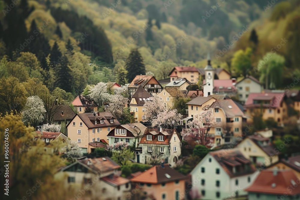 Obraz premium A quaint village nestled among rolling hills, its pastel buildings softly blurred against a backdrop of budding trees