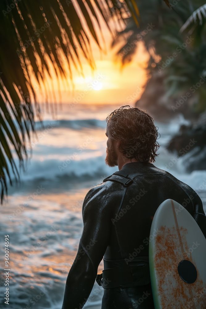 Fototapeta premium Surfers standing on a tropical beach at sunset, holding a surfboard while gazing at the ocean. The scene is framed by palm trees and glowing golden light from the setting sun.