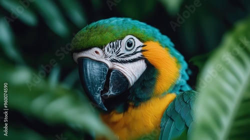 A vibrantly colored parrot peeking through lush green leaves in a jungle setting. The bird's striking colors are in beautiful contrast with the rich foliage, capturing a moment in nature.