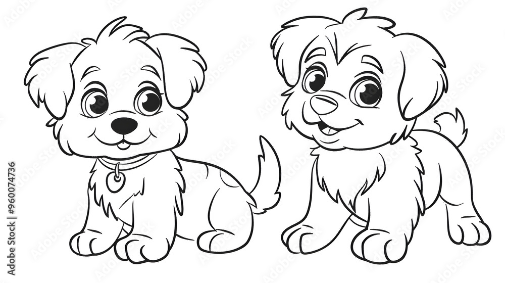 Fototapeta premium Adorable black and white illustration of two happy cartoon puppies, perfect for coloring books, kids' activities, or pet-themed designs.