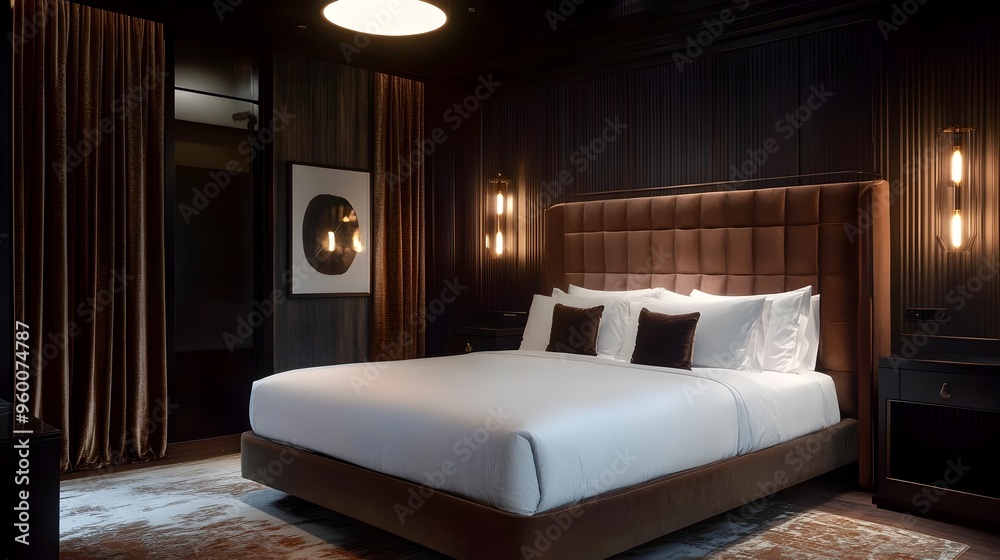 Serene and Sophisticated Luxury Bedroom with a King Sized Bed Elegant Silk Curtains and Beautifully Designed Modern Lighting Fixtures Serene and Sophisticated Luxury Bedroom with a King Sized Bed Elegant Silk Curtains and Beautifully Designed Modern Lighting Fixtures