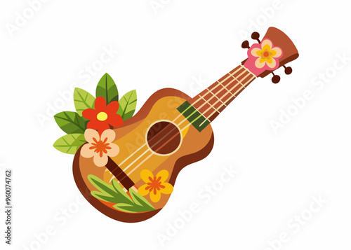 Colored ukulele. The tool is brown, decorated with flowers. Musical instrument. Relaxation, hawaii, melody. Flat vector illustration isolated on white background
