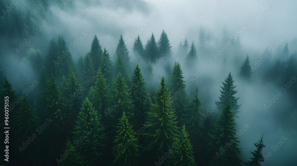 Misty Evergreen Forest Aerial View