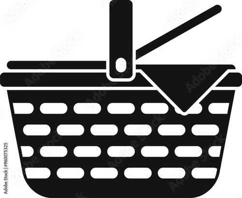Black and white silhouette of a picnic basket with a checkered napkin ready for a romantic date or family lunch in the park