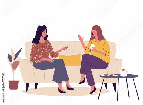 Women are resting at home. Young girls are sitting on the couch with hot drinks, laughing and chatting. A meeting of friends. The concept of friendship.
