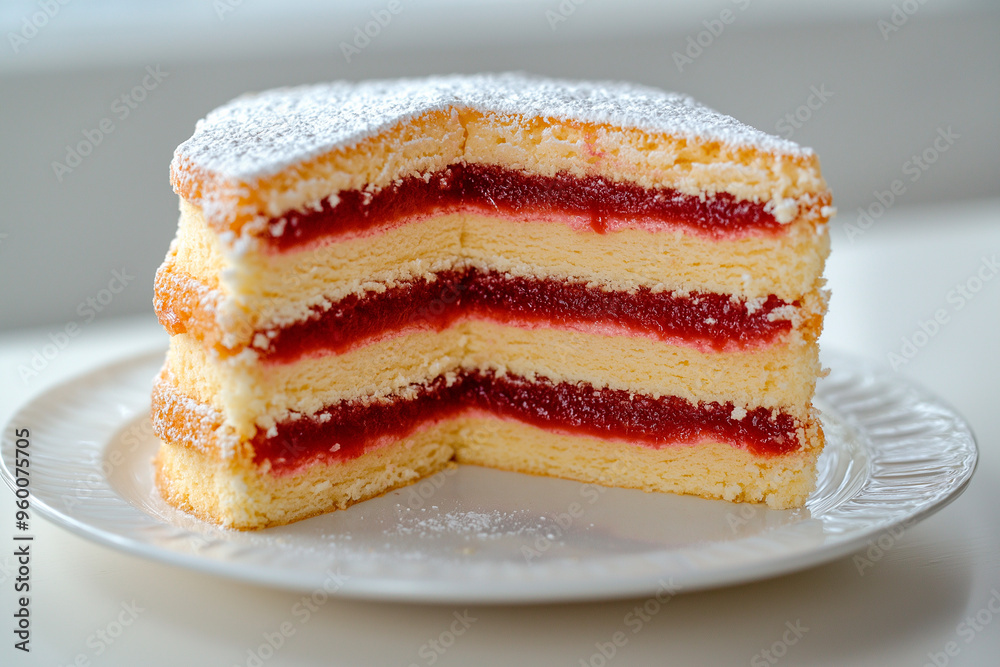 delicious piece of multi-layered sponge cake with raspberries on a white plate delicious piece of multi-layered sponge cake with raspberries on a white plate