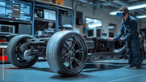 Wallpaper Mural Mechanic Working on Electric Vehicle Chassis in High-Tech Workshop Torontodigital.ca