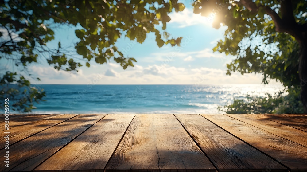 Wooden Tabletop with Ocean View and Sun Rays Wooden Tabletop with Ocean View and Sun Rays