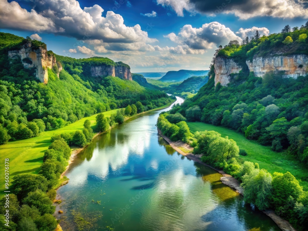 Scenic View Of A Majestic River Flowing Through A Lush Green Landscape With Towering Bluffs And Serene Waters. Scenic View Of A Majestic River Flowing Through A Lush Green Landscape With Towering Bluffs And Serene Waters.