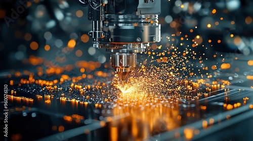 Ultra-realistic close-up of a CNC laser engraver working on a metal sheet, showing light sparks and fine details. The scene is captured with a soft focus lens effect, 