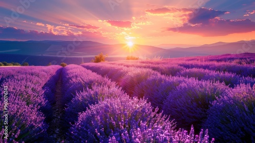 Lavender field in full bloom with a sunset sky