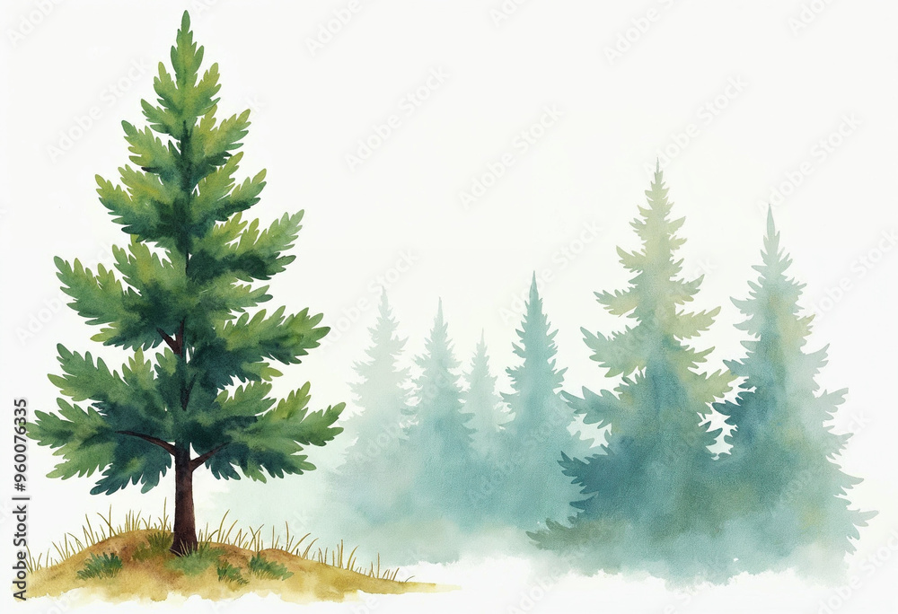 Obraz premium Illustration of watercolor forest with trees, natural landscape background
