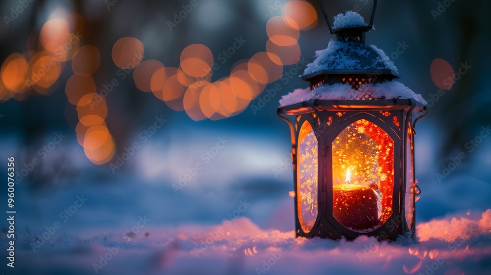 A cozily lit lantern illuminating a pastelcolored winter night AI generated A cozily lit lantern illuminating a pastelcolored winter night AI generated