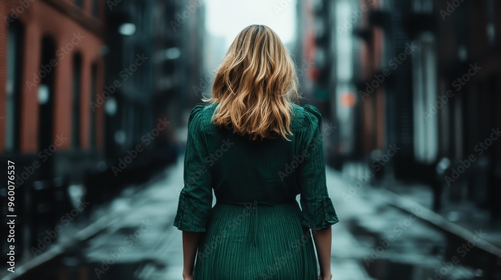 A woman in a green dress walks through a city alley, capturing the essence of solitude and urban elegance with blurred background elements like brickwalls and wet pavement. A woman in a green dress walks through a city alley, capturing the essence of solitude and urban elegance with blurred background elements like brickwalls and wet pavement.