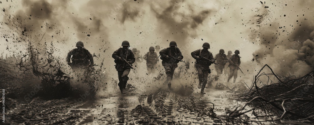 A historical black-and-white photograph capturing a dramatic battlefield scene with soldiers in action.