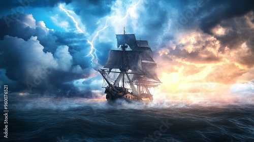 Pirate ghost ship sailing through a lightning storm photo