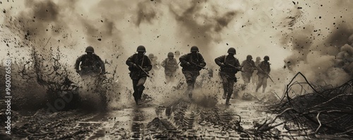 Obraz na płótnie A historical black-and-white photograph capturing a dramatic battlefield scene with soldiers in action. w salonie