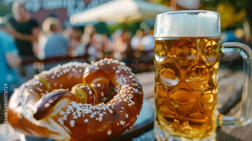 large pretzel with mustard and a mug of beer, served at beerfest photo