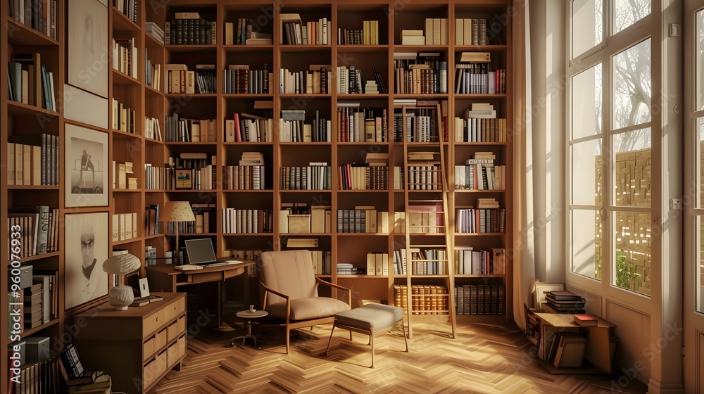 Obraz premium A cozy minimalist study with floortoceiling bookshelves AI generated