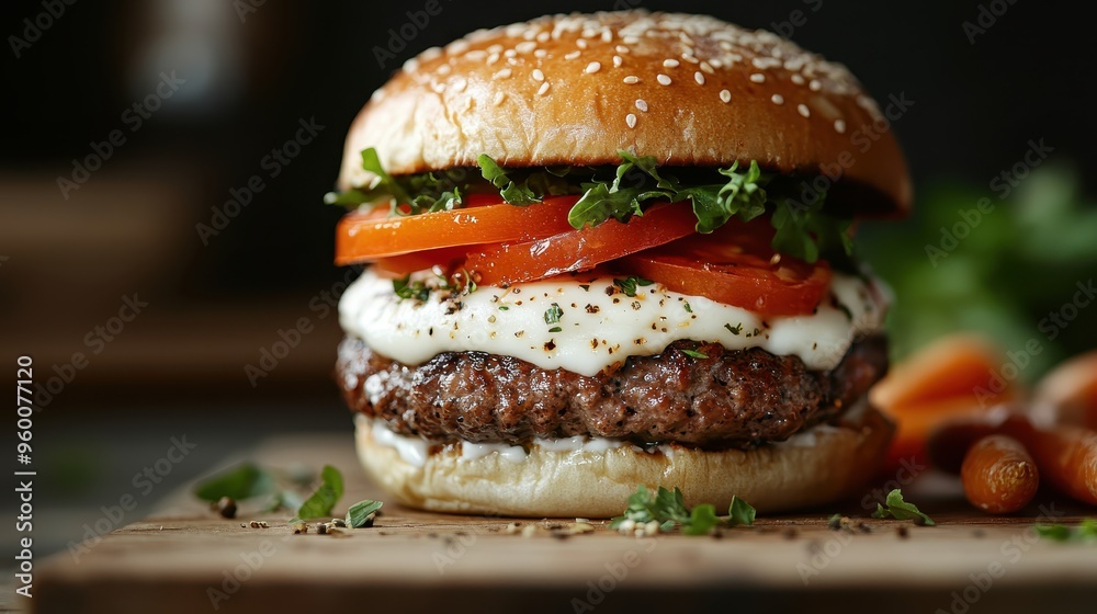 A delectable gourmet burger with fresh tomato slices, creamy sauce, and crisp lettuce, all stacked inside a sesame seed bun. Great for culinary-themed stock websites. A delectable gourmet burger with fresh tomato slices, creamy sauce, and crisp lettuce, all stacked inside a sesame seed bun. Great for culinary-themed stock websites.