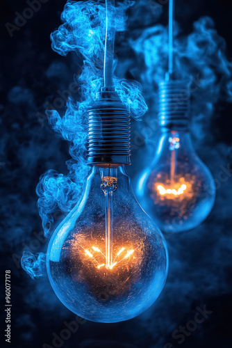 Two glowing light bulbs surrounded by curling blue smoke, set against a dark background, creating a mysterious and artistic scene with a sci-fi vibe. photo