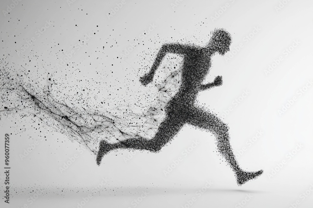 An abstract human figure running, with the motion trail behind them created by a series of dots. An abstract human figure running, with the motion trail behind them created by a series of dots.