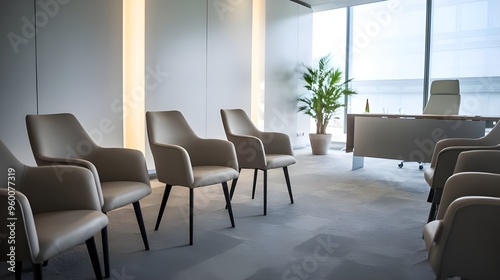 An empty modern meeting room with a few chairs and a desk. The room has a grey carpet and white walls. There's a potted plant.