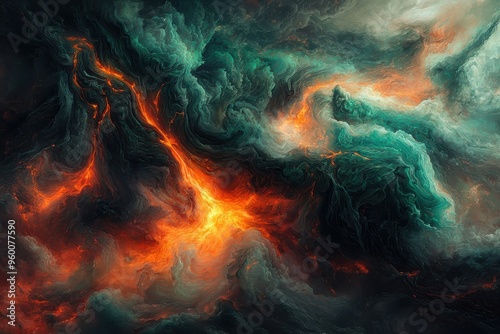 Dramatic fiery volcanic eruption with swirling clouds of smoke and ash