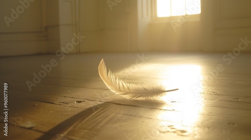 Fototapeta Naklejka Na Ścianę i Meble -  A feather gently descending in the stillness of an empty room AI generated