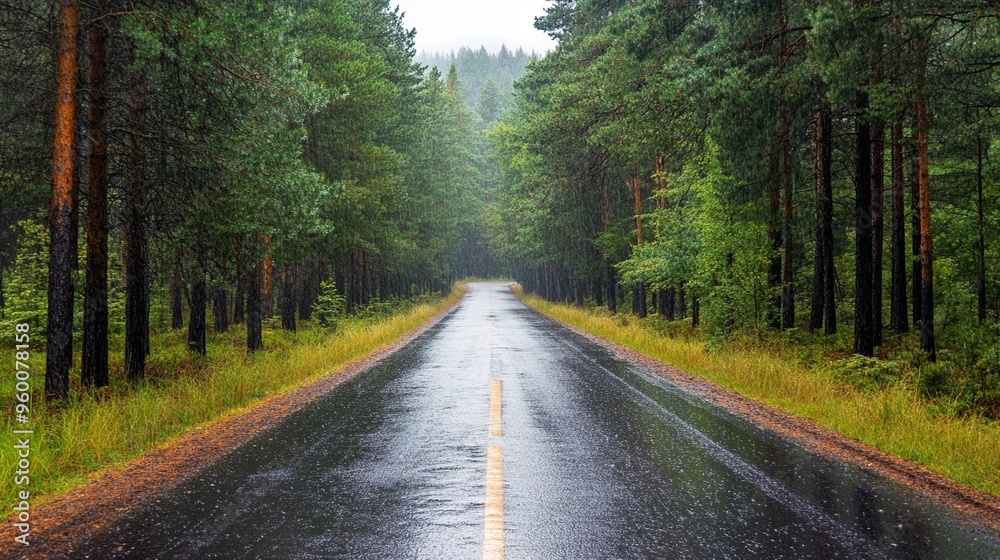 Obraz premium Quiet road after rain in pine forest