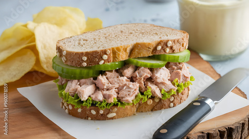 A classic tuna salad sandwich with albacore tuna, mayonnaise, celery, and a hint of lemon, served on whole wheat bread with a handful of potato chips.