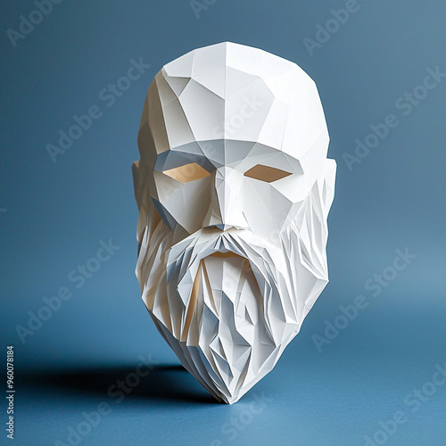 the leader of a IT cult, masked, a low poly paper mask that covers his entire face, the mask's design is ancien greek, with paper minimalistic polygon beard , there is intrecate element on the mask, m photo