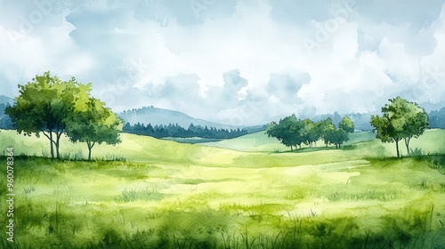 Serene Watercolor Landscape of Green Grasslands and Distant Hills