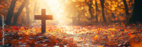 Christian Cross in Autumn Leaves, Symbolizing Spiritual Transition, Reflection, Mortality, Harvest, Faith Journey photo