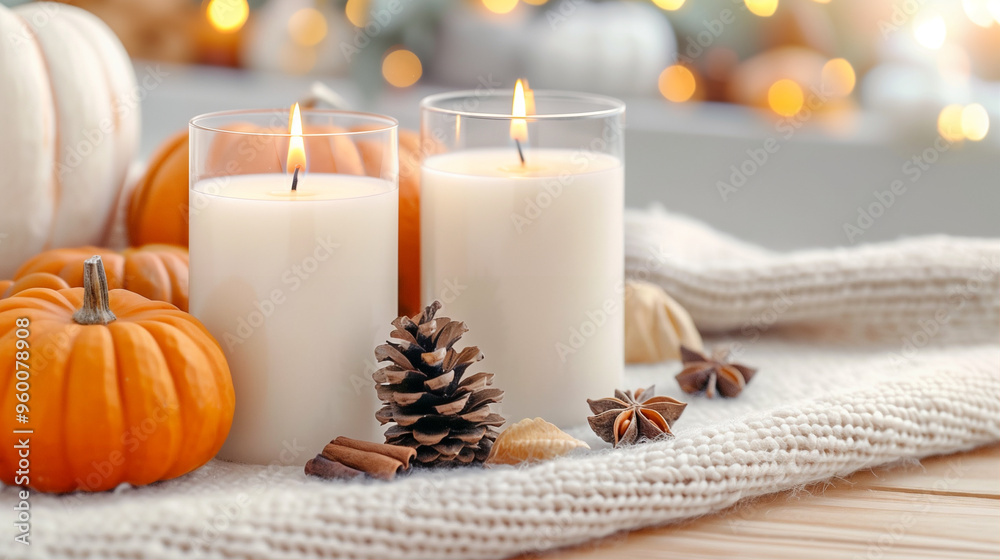 Candle adorned with pumpkin decor in a cozy autumn setting showcasing warm colors and a festive atmosphere Candle adorned with pumpkin decor in a cozy autumn setting showcasing warm colors and a festive atmosphere