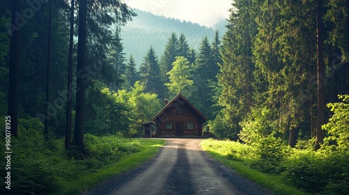 Road leading to a hidden cabin in a pine forest