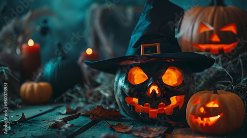 A creepy Halloween scene featuring a glowing jack-o'-lantern wearing a witch hat, surrounded by candles and pumpkins. The eerie setting is perfect for celebrating the spooky season. photo