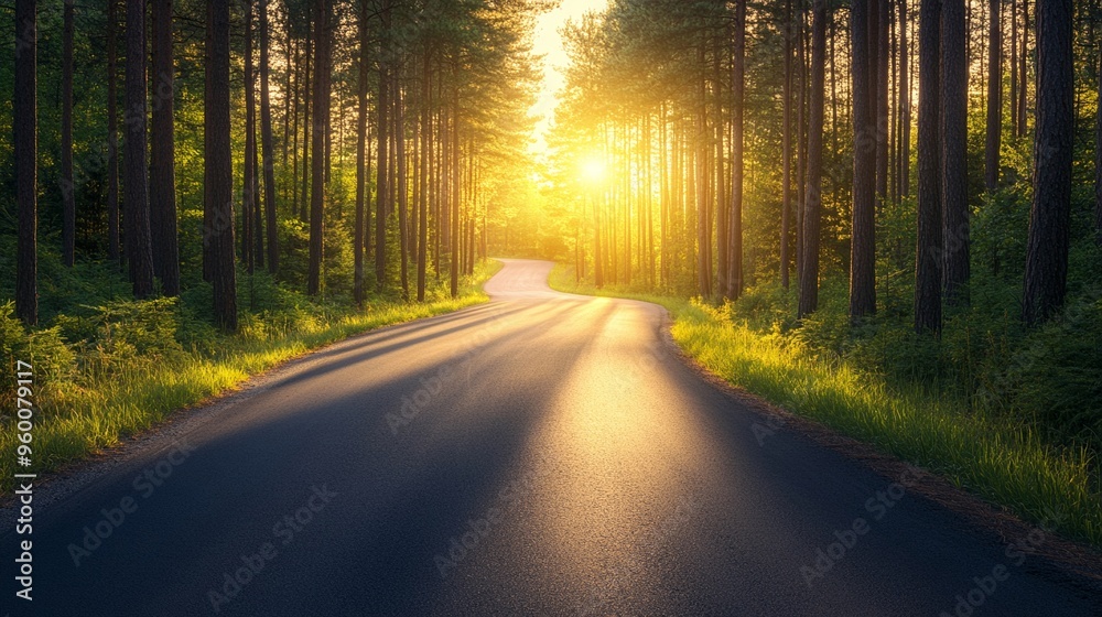 Fototapeta premium Road through a pine forest at sunrise