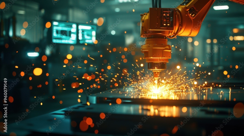 A shadowy factory workshop illuminated by the intense sparks from a robotic arm engaged in welding tasks. The workshop is sparsely lit by indicator lights on machinery and the soft glow of screens A shadowy factory workshop illuminated by the intense sparks from a robotic arm engaged in welding tasks. The workshop is sparsely lit by indicator lights on machinery and the soft glow of screens
